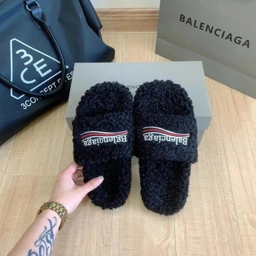 Balenciaga Fuzzy Slides Plush Slippers Black