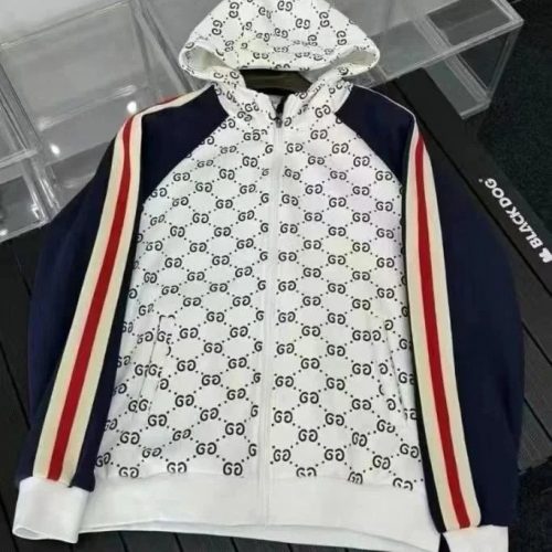 Gucci GG Monogram Zip-Up Casual Hoodie White and Navy