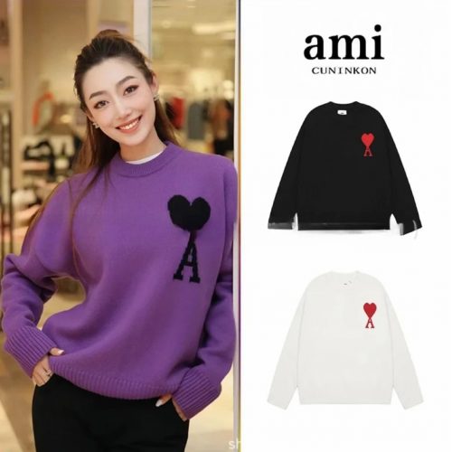 Ami Paris Heart A Sweater Casual Knit Pullover Purple