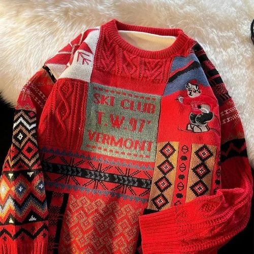 Design Ski Club Patchwork Knit Sweater Red