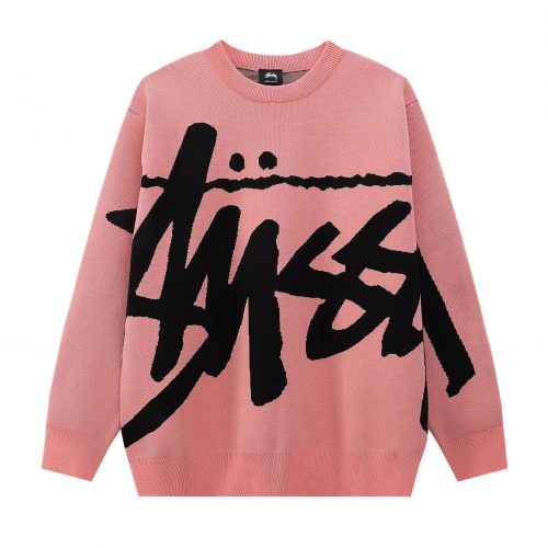 Stussy Big Logo Knit Sweater Graphic Streetwear Pullover Pink