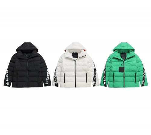 Moose Knuckles Logo Tape Puffer Jacket Black White and Green