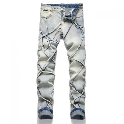 Design Distressed Strapped Denim Jeans Light Blue