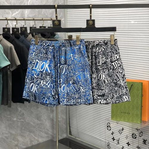 Dior Graffiti Print Casual Shorts Blue and Black