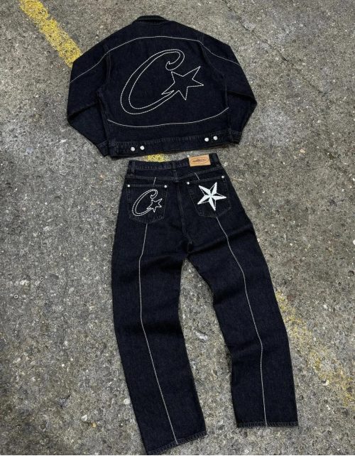 Corteiz Star Denim Streetwear Matching Set Black
