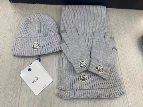 Moncler Ribbed Knit Matching Set Beanie Scarf and Gloves Gray