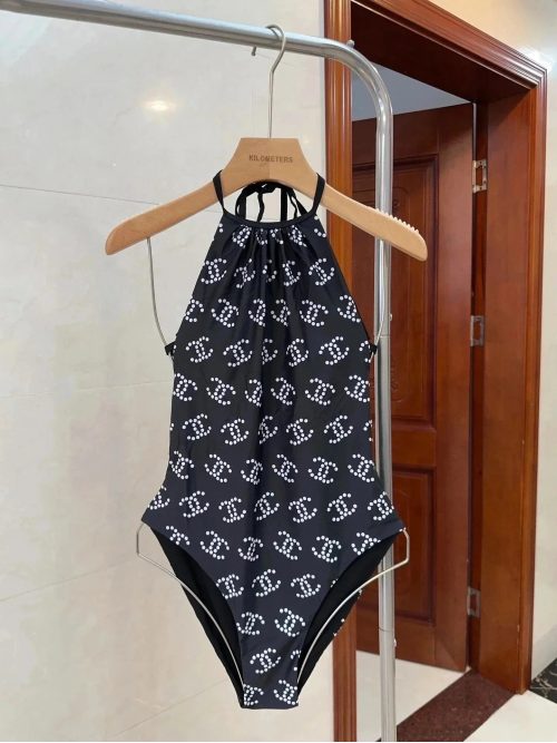 Chanel Monogram Print Halter Swimsuit Black