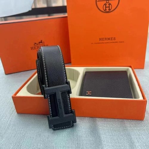 Hermes H Buckle Belt and Wallet Classic Leather Accessories Set Black
