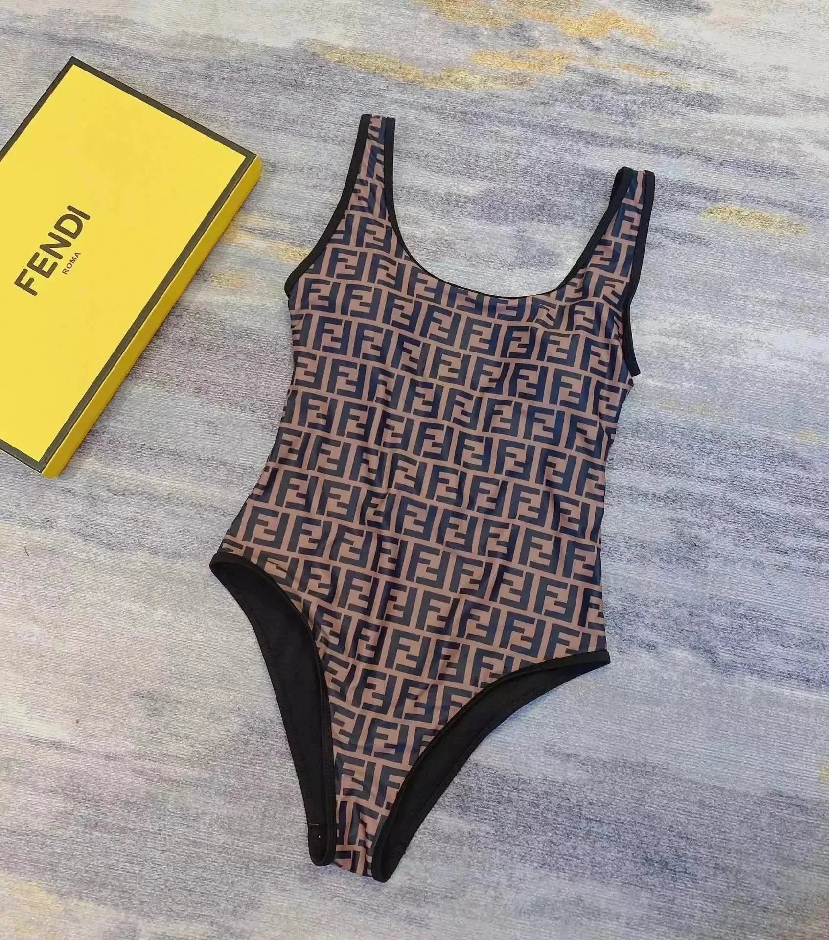 Fendi FF Logo Print Swimsuit Brown and Black