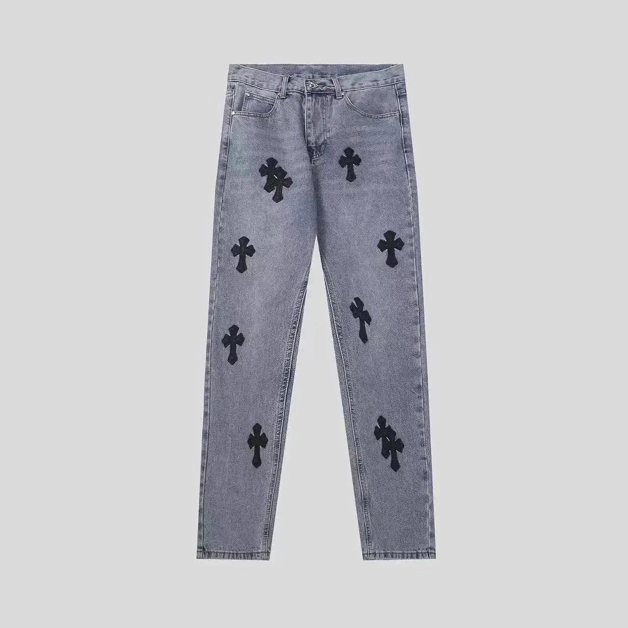 Chrome Hearts Cross Patch Denim Jeans Casual Pants Gray