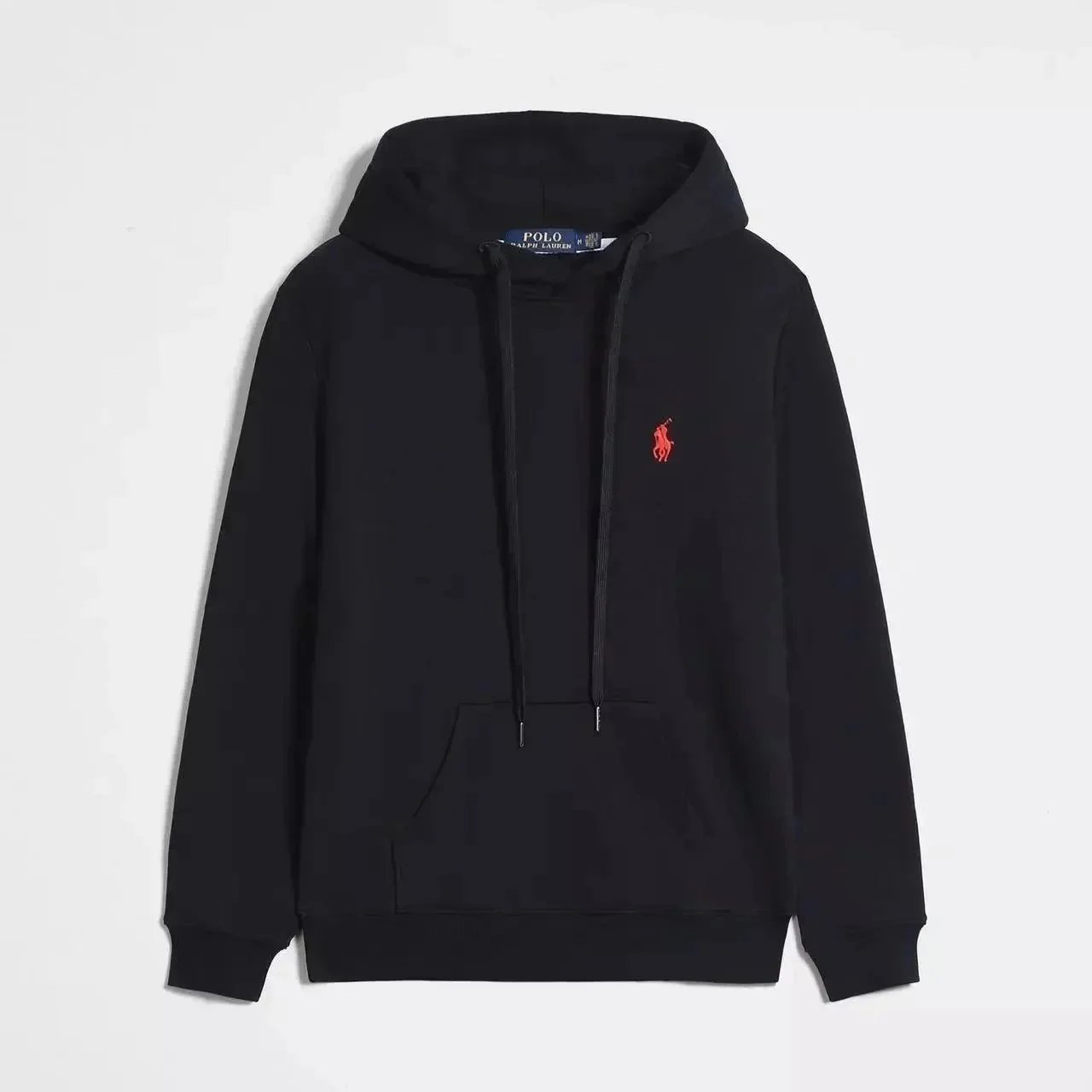 Black pullover hoodie with a red label